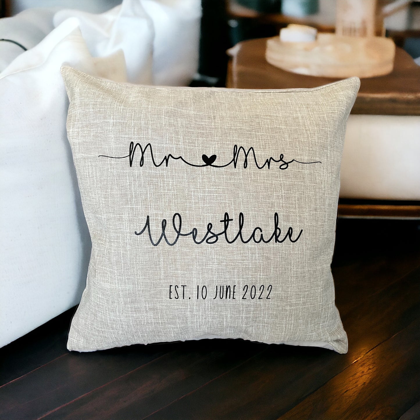 PERSONALISED MR & MRS linen style cushion 40 x 40 cm