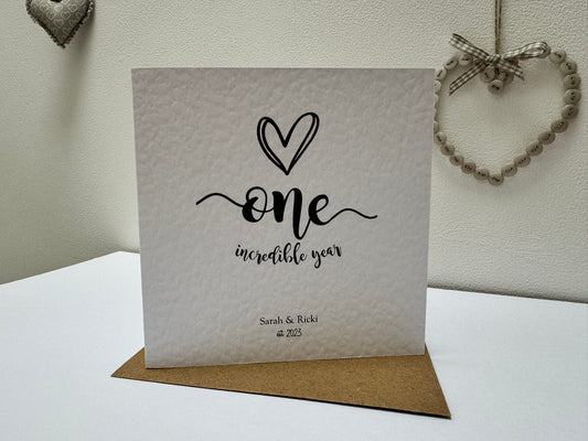 Handcrafted "ONE INCREDIBLE YEAR" wedding anniversary card