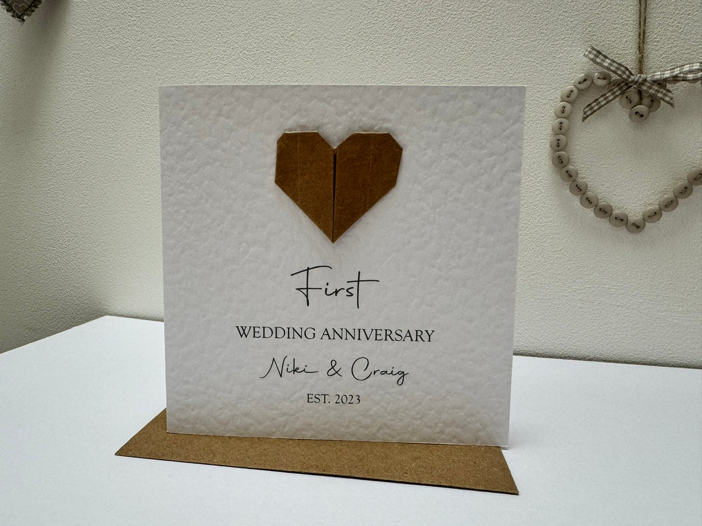 Handcrafted "FIRST WEDDING ANNIVERSARY" card origami heart