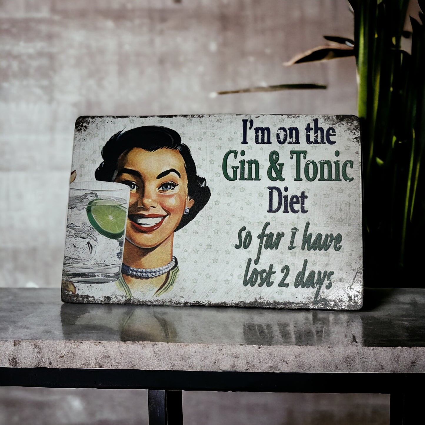 I'M ON THE GIN & TONIC DIET, SO FAR I HAVE LOST 2 DAYS metal sign plague