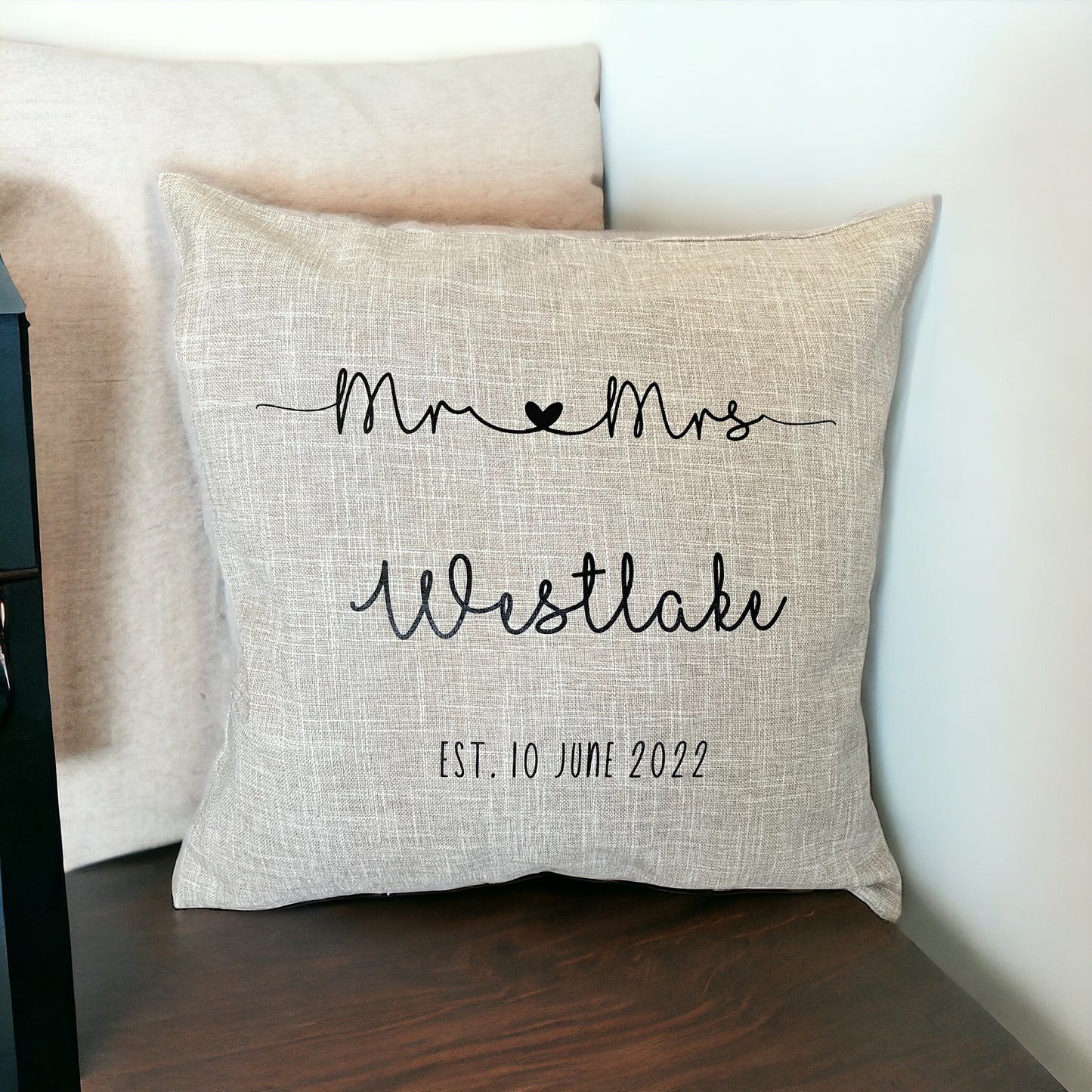 PERSONALISED MR & MRS linen style cushion cover 40 x 40 cm