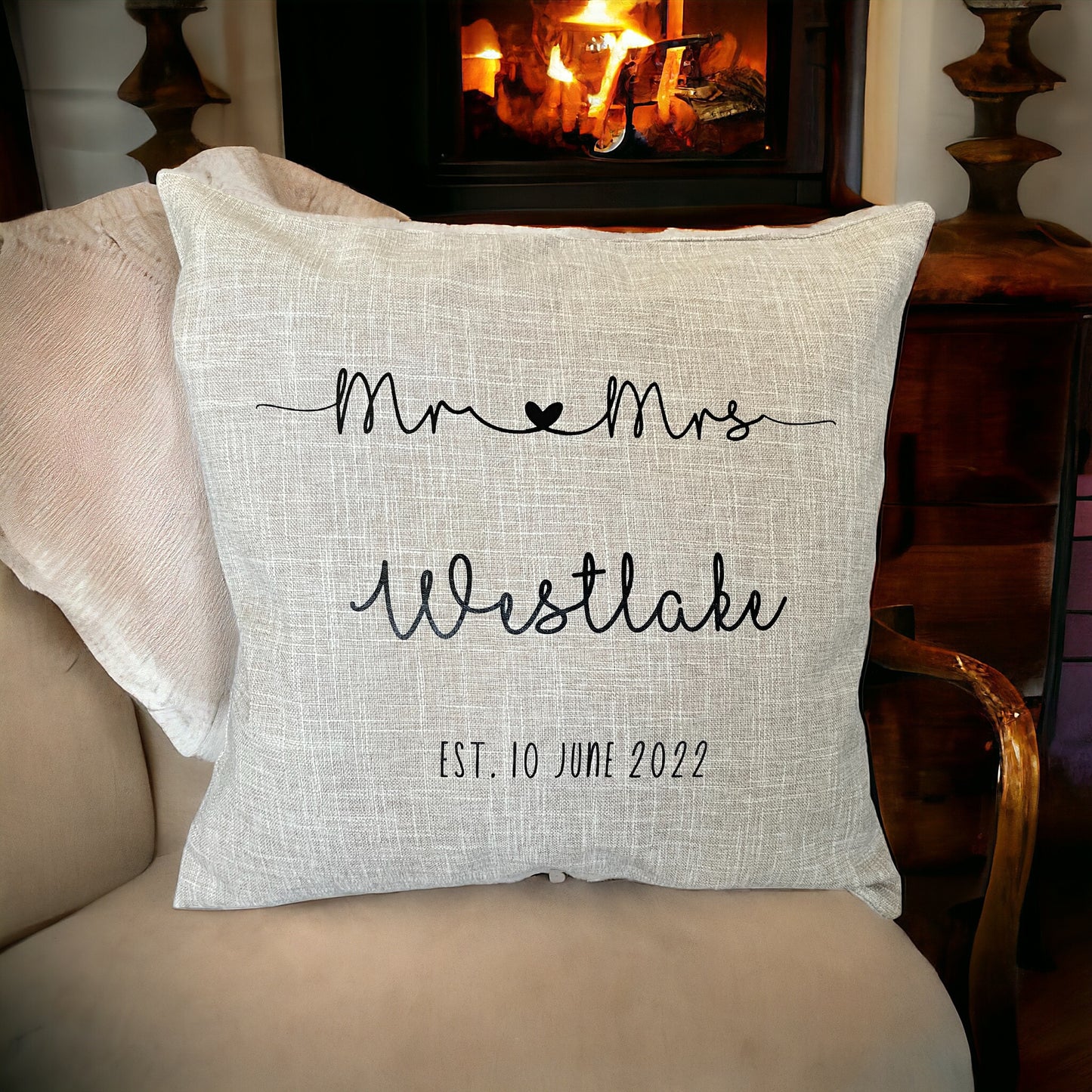 PERSONALISED MR & MRS linen style cushion cover 40 x 40 cm